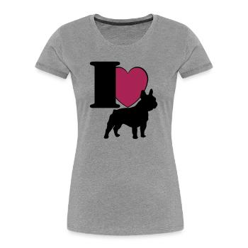 Bouledogue français j'adore ... / + - T-shirt bio Premium Femme - gris chiné - Devant - Mia (176cm)