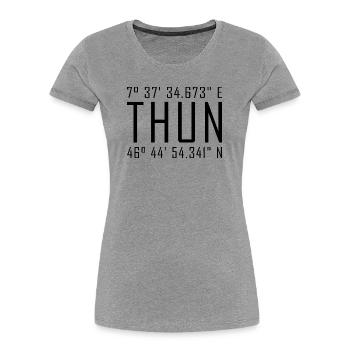 Coordonnées de Thun – Typographie avec référence locale Besch - T-shirt bio Premium Femme - gris chiné - Devant - Mia (176cm)