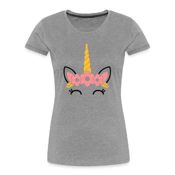 Reine des fleurs : la majestueuse licorne - T-shirt bio Premium Femme - gris chiné - Devant - Mia (176cm)
