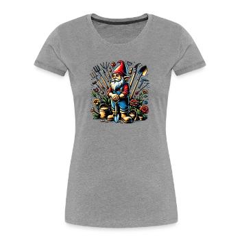 Nain de jardin coloré et vivant entouré d’outils - T-shirt bio Premium Femme - gris chiné - Devant - Mia (176cm)
