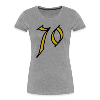 70. 70 ANS. 70e ANNIVERSAIRE. ANNIVERSAIRE 70 ANS. - T-shirt bio Premium Femme - gris chiné - Devant - Mia (176cm)