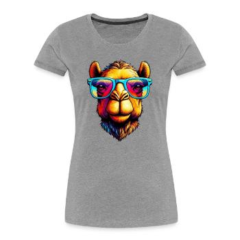 Camel mit Sonnenbrille - Frauen Premium Bio T-Shirt - Grau meliert - Vorne - Mia (176cm)