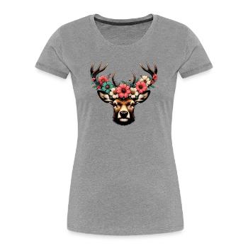Cerf avec des fleurs - T-shirt bio Premium Femme - gris chiné - Devant - Mia (176cm)