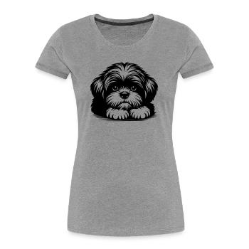 Tête de Shih Tzu avec pattes - T-shirt bio Premium Femme - gris chiné - Devant - Mia (176cm)