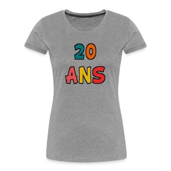 20. 20e ANNIVERSAIRE. ANNIVERSAIRE 20 ANS. 20 ANS. - T-shirt bio Premium Femme - gris chiné - Devant - Mia (176cm)