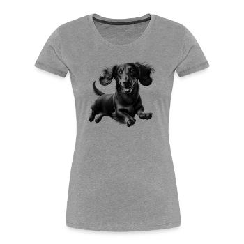 Fröhlicher Dackel im Sprung - schwarz weiß Porträt - Frauen Premium Bio T-Shirt - Grau meliert - Vorne - Mia (176cm)