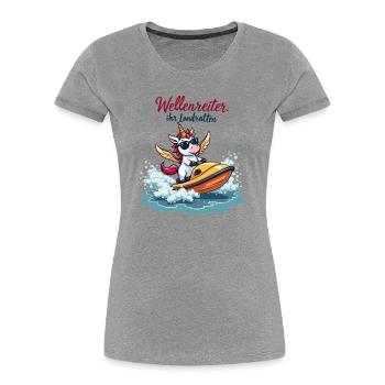 Surfeur Licorne - T-shirt bio Premium Femme - gris chiné - Devant - Mia (176cm)