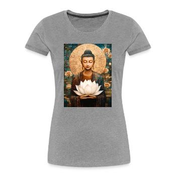 Meditating Buddha with lotus and golden halo - Women's Premium Organic T-Shirt - heather grey - Front - Mia (176cm)