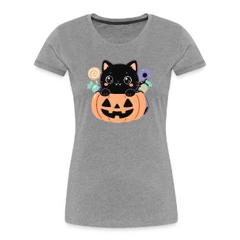 Chaton noir dans citrouille Halloween kawaii - T-shirt bio Premium Femme - gris chiné - Devant - Mia (176cm)