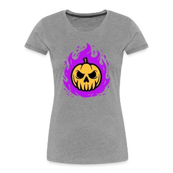 Citrouille orange avec flammes violettes - T-shirt bio Premium Femme - gris chiné - Devant - Mia (176cm)