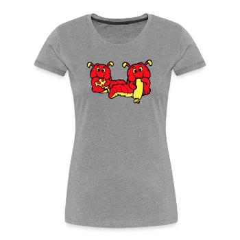 2 Raupen Wurm Glücklich Essend Pizza Wurst Essen - Frauen Premium Bio T-Shirt - Grau meliert - Vorne - Mia (176cm)