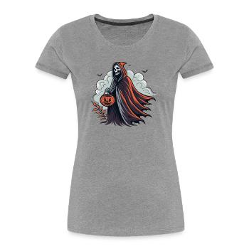 Faucheuse d'Halloween avec citrouille - T-shirt bio Premium Femme - gris chiné - Devant - Mia (176cm)