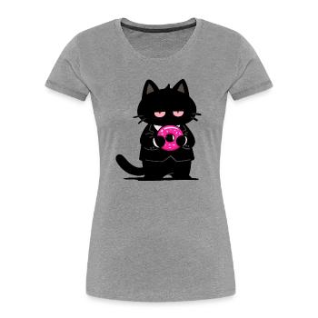 Chat noir avec un donut rose - T-shirt bio Premium Femme - gris chiné - Devant - Mia (176cm)