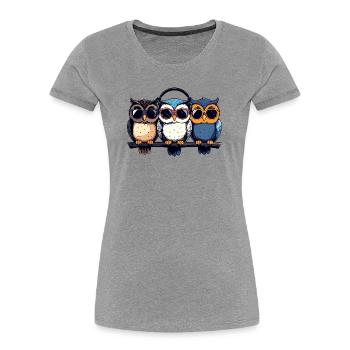 Trio des Trois Chouettes Cool avec lunettes de soleil casque - T-shirt bio Premium Femme - gris chiné - Devant - Mia (176cm)