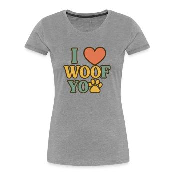 J’adore le design de cœur de patte WOOF - T-shirt bio Premium Femme - gris chiné - Devant - Mia (176cm)