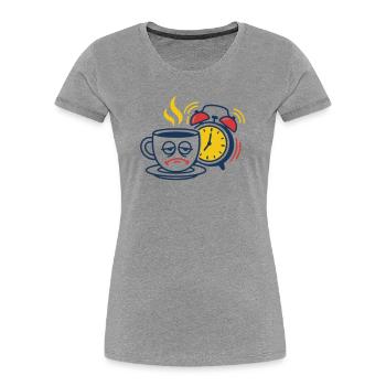 Müder Kaffee & Wecker–Lustiges Morgenmuffel Motiv - T-shirt bio Premium Femme - gris chiné - Devant - Mia (176cm)