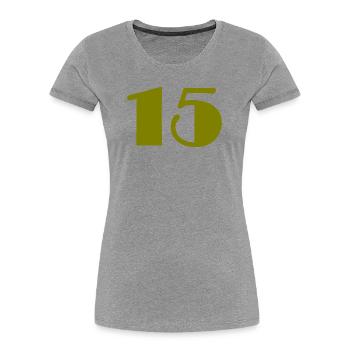 15. 15 ANS. 15e ANNIVERSAIRE. ANNIVERSAIRE 15 ANS. - T-shirt bio Premium Femme - gris chiné - Devant - Mia (176cm)