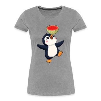 Süßer Pinguin Cartoon Melone Balancieren Sommer - Frauen Premium Bio T-Shirt - Grau meliert - Vorne - Mia (176cm)