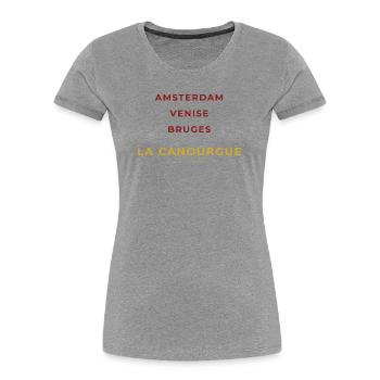 La Canourgue Lozère - Amsterdam - Venise - Bruges - T-shirt bio Premium Femme - gris chiné - Devant - Mia (176cm)