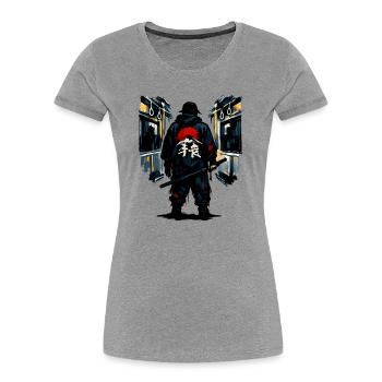Urban Ninja mit roter Sonne - Frauen Premium Bio T-Shirt - Grau meliert - Vorne - Mia (176cm)