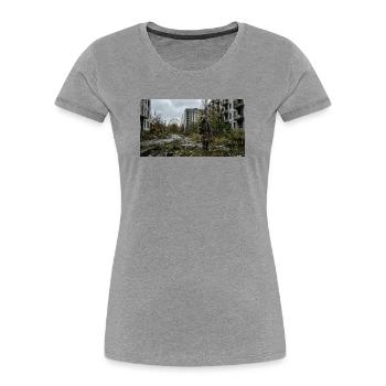 Soldat des ruines avec masque à gaz - T-shirt bio Premium Femme - gris chiné - Devant - Mia (176cm)