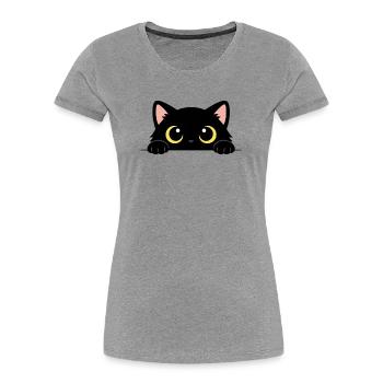 Chat Noir Curieux – Yeux Jaunes Adorables - T-shirt bio Premium Femme - gris chiné - Devant - Mia (176cm)