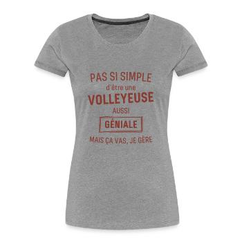 VOLLEYEUSE GÉNIALE rouge brunâtre foncé - T-shirt bio Premium Femme - gris chiné - Devant - Mia (176cm)