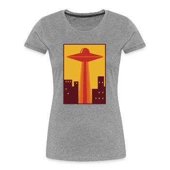 70er Ufo über Stadt - Frauen Premium Bio T-Shirt - Grau meliert - Vorne - Mia (176cm)