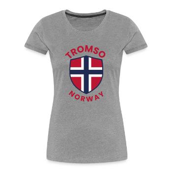 Tromsø-Schild: Norwegische Flagge - Frauen Premium Bio T-Shirt - Grau meliert - Vorne - Mia (176cm)
