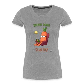 Karotte in einem bequemen Stuhl: Der Traum des Buchliebhabers - Frauen Premium Bio T-Shirt - Grau meliert - Vorne - Mia (176cm)