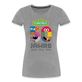 Rue Sésame 50 ans Wer, Wie, Was - T-shirt bio Premium Femme - gris chiné - Devant - Mia (176cm)