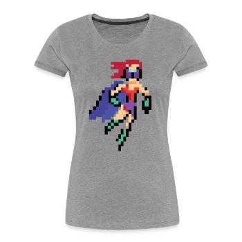 Pixel-Art-Superheldin – Flying Woman Lila Umhang - Frauen Premium Bio T-Shirt - Grau meliert - Vorne - Mia (176cm)