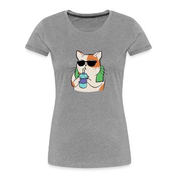 Katze beim Sport mit Trinkbecher und Handtuch - Frauen Premium Bio T-Shirt - Grau meliert - Vorne - Mia (176cm)