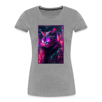 Techno Cat Japon Neon City Art - T-shirt bio Premium Femme - gris chiné - Devant - Mia (176cm)