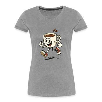 Tasse à café vibrante en cours de course - T-shirt bio Premium Femme - gris chiné - Devant - Mia (176cm)