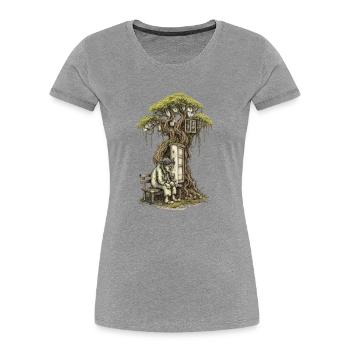 Treehouse poem: Old man squats in front of tree - Women's Premium Organic T-Shirt - heather grey - Front - Mia (176cm)