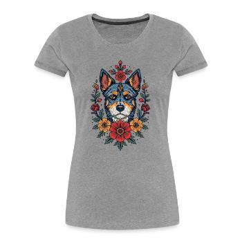 Blumen Hund Terrier Portrait - Frauen Premium Bio T-Shirt - Grau meliert - Vorne - Mia (176cm)