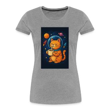 Chat en combinaison spatiale buvant du café - T-shirt bio Premium Femme - gris chiné - Devant - Mia (176cm)