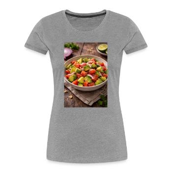 Salade d’avocat et de tomates - T-shirt bio Premium Femme - gris chiné - Devant - Mia (176cm)