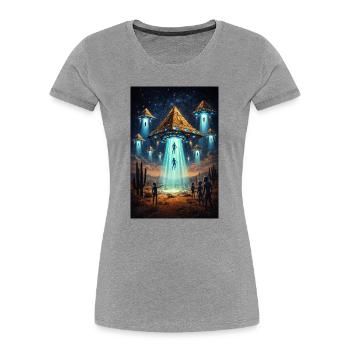 Alien UFO Pyramid Rocket - Frauen Premium Bio T-Shirt - Grau meliert - Vorne - Mia (176cm)