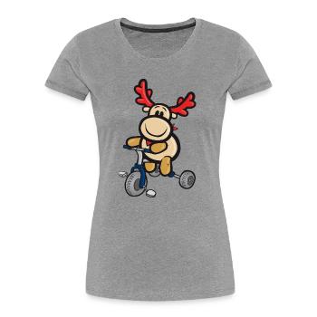 Lachendes Comic-Rentier fährt Dreirad - Frauen Premium Bio T-Shirt - Grau meliert - Vorne - Mia (176cm)