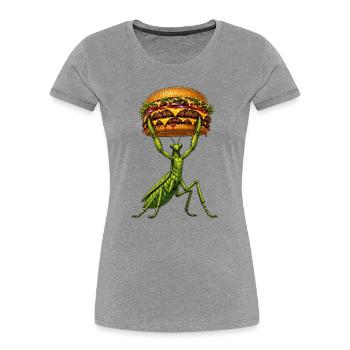 Comic Burger de l’Haltérophilie Mante Religieuse - T-shirt bio Premium Femme - gris chiné - Devant - Mia (176cm)