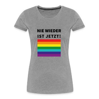 Nie wieder ist jetzt! Schriftzug und Pride Flagge - Frauen Premium Bio T-Shirt - Grau meliert - Vorne - Mia (176cm)