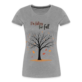 Arbre chauve « Automne en amour » Humour - T-shirt bio Premium Femme - gris chiné - Devant - Mia (176cm)