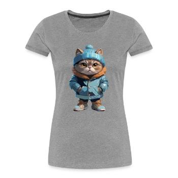 Katze Herbst Winter Outfit - Frauen Premium Bio T-Shirt - Grau meliert - Vorne - Mia (176cm)