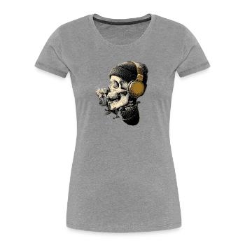 Casque tête de mort avec fleur - T-shirt bio Premium Femme - gris chiné - Devant - Mia (176cm)