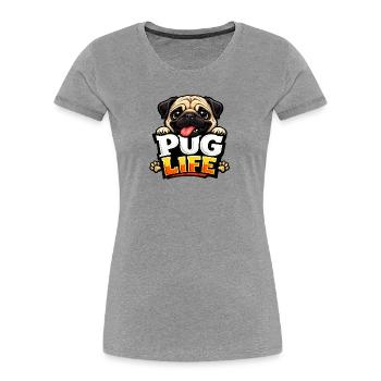 Pug Life Cartoon-Emblem - Frauen Premium Bio T-Shirt - Grau meliert - Vorne - Mia (176cm)