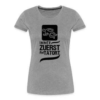 Zuerst am Tatort Polizei Kripo Geschenk Spruch - Frauen Premium Bio T-Shirt - Grau meliert - Vorne - Mia (176cm)