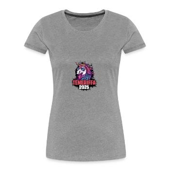 Tenerife 2025 Licorne - T-shirt bio Premium Femme - gris chiné - Devant - Mia (176cm)