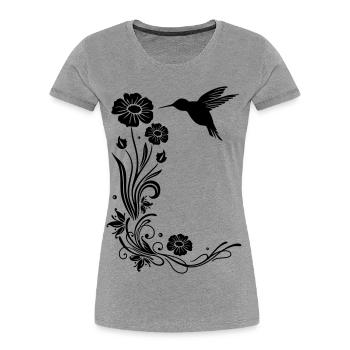 Motif floral avec des fleurs et colibris. - T-shirt bio Premium Femme - gris chiné - Devant - Mia (176cm)